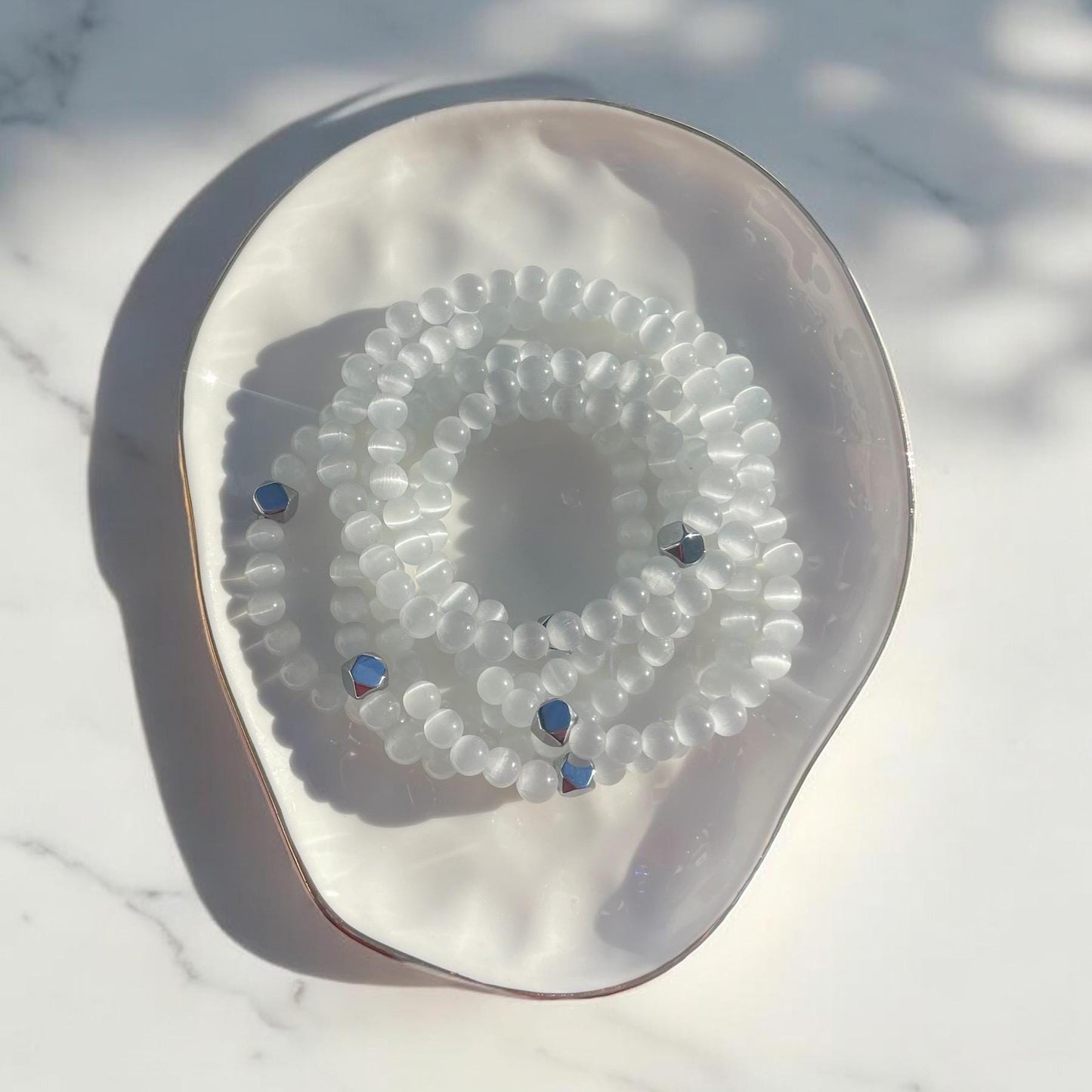 6mm Selenite and Hematite Bracelet - Unisex Healing Crystal Jewelry for Grounding and Energy Cleansing