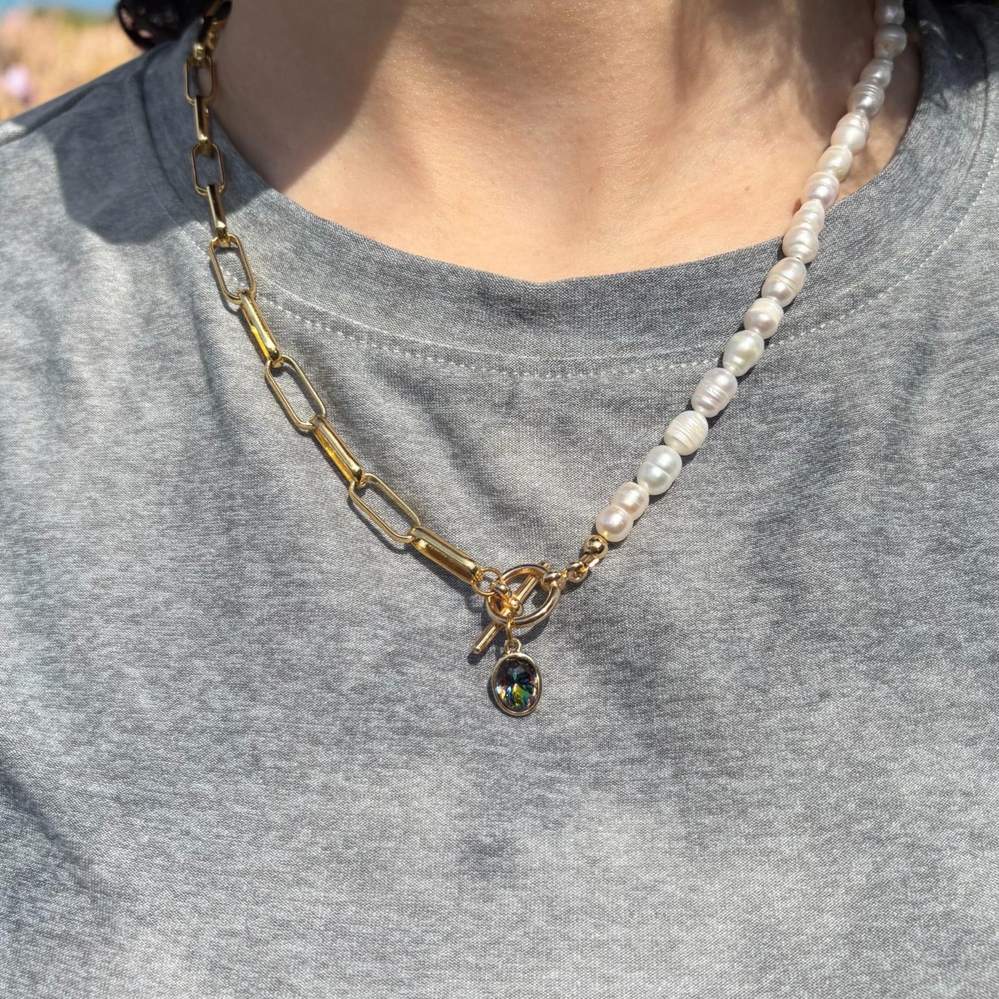 14K Gold Plated Paperclip & Freshwater Pearl Necklace with Green Austrian Crystal – 19.5” Toggle Clasp
