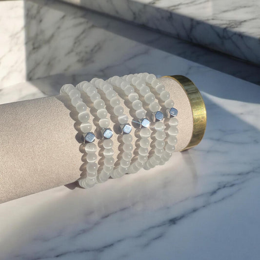 6mm Selenite and Hematite Bracelet - Unisex Healing Crystal Jewelry for Grounding and Energy Cleansing