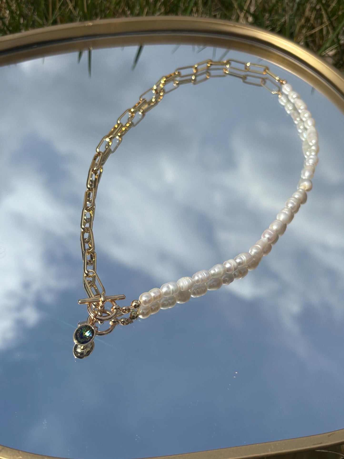 14K Gold Plated Paperclip & Freshwater Pearl Necklace with Green Austrian Crystal – 19.5” Toggle Clasp