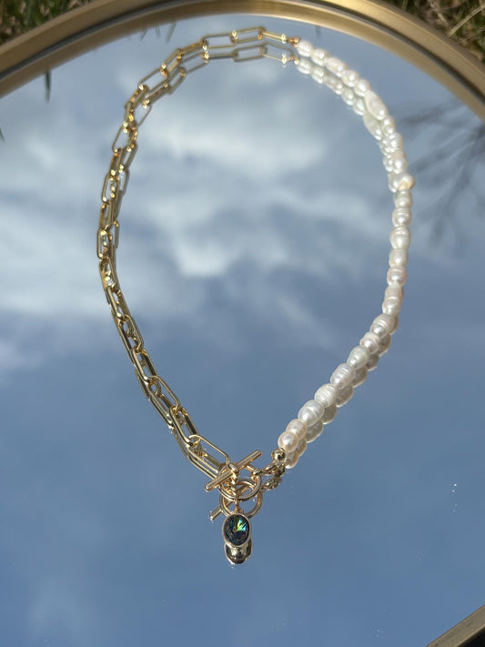 14K Gold Plated Paperclip & Freshwater Pearl Necklace with Green Austrian Crystal – 19.5” Toggle Clasp