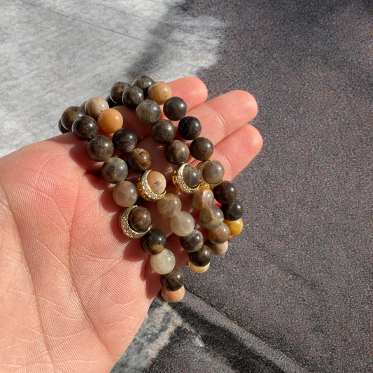 8 mm Black Sunstone Bracelet with Gold Moon Charm | Celestial Jewelry | Healing Crystal Bracelet | Stretch Beaded Bracelet | Gift for Her |